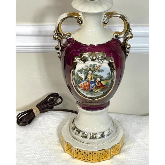 Vintage Porcelain Urn Style Table Lamp Victorian Scene Colonial Couple - Picture 2 of 12